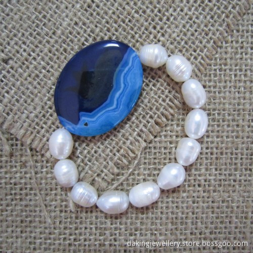 Pearl Bracelet, Blue Agate Sideways, White Pearl Bracelet, Elastic Bracelet, Pearl Jewellery